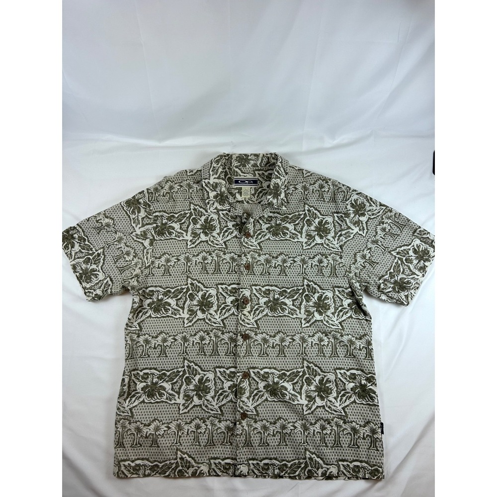 VTG Ocean Pacific Button Down Short Sleeve Hawaiian Sz L Army Green Surf Vacay